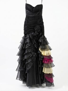 Jovani Y2K Strapless Black Ruffled Evening Dress with Colorful Hem Accent